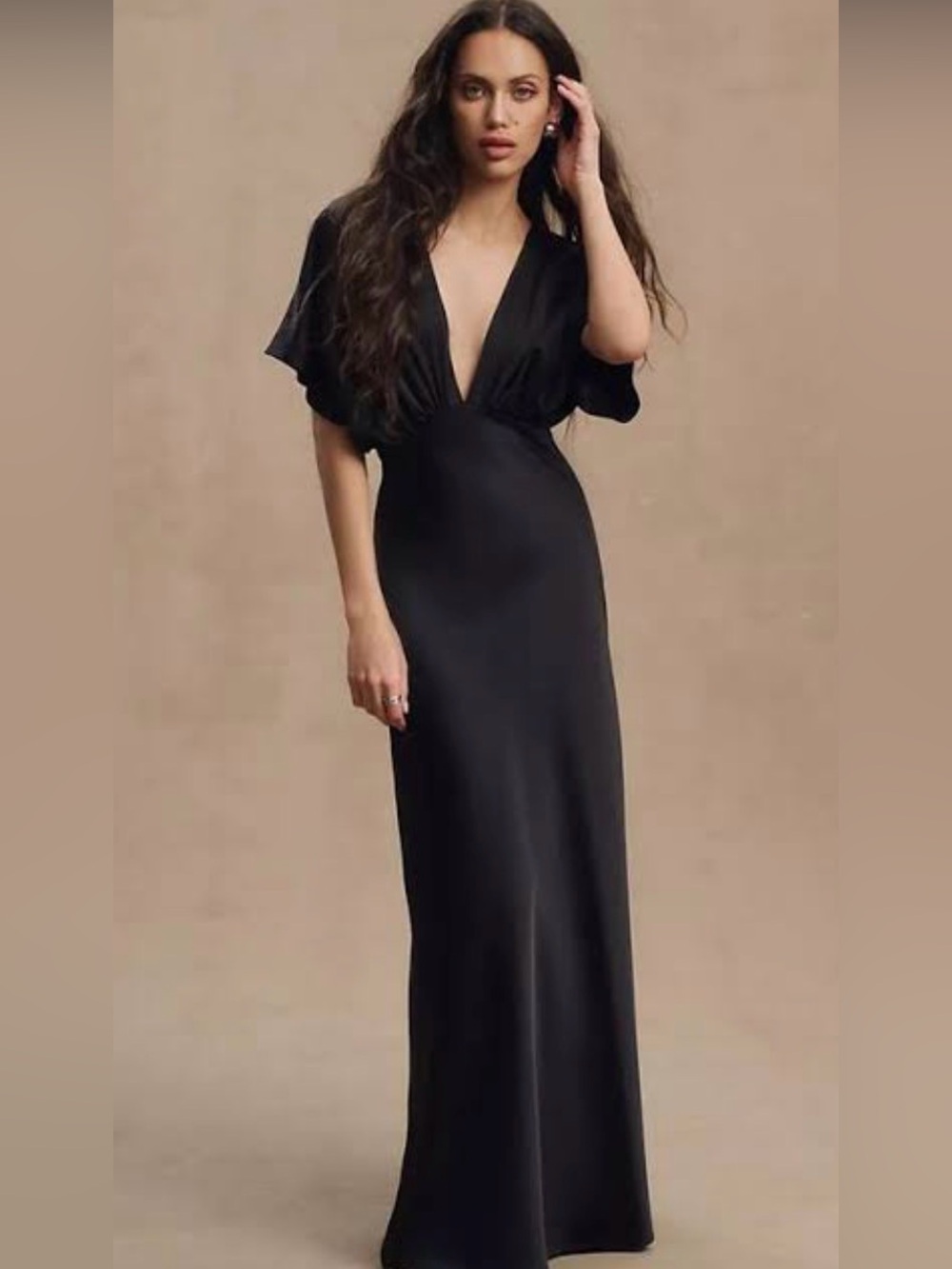BHLDN Anthropologie Amelia Deep-V Flutter-Sleeve Satin Gown Black Size 10